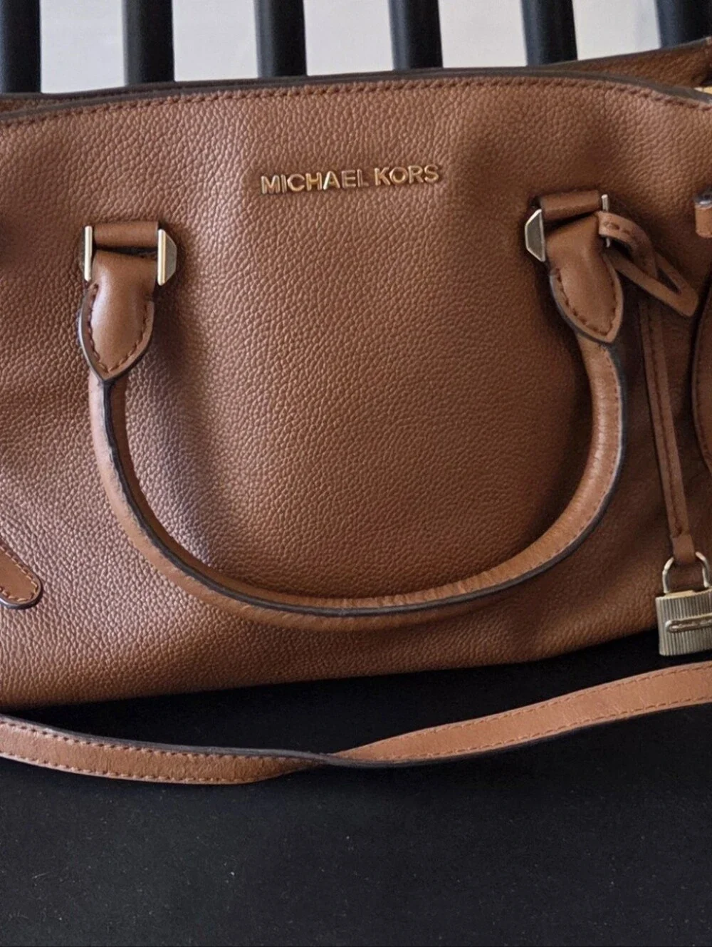 MICHAEL KORS Cognac Pebbled Leather Satchel with Gold Hardware